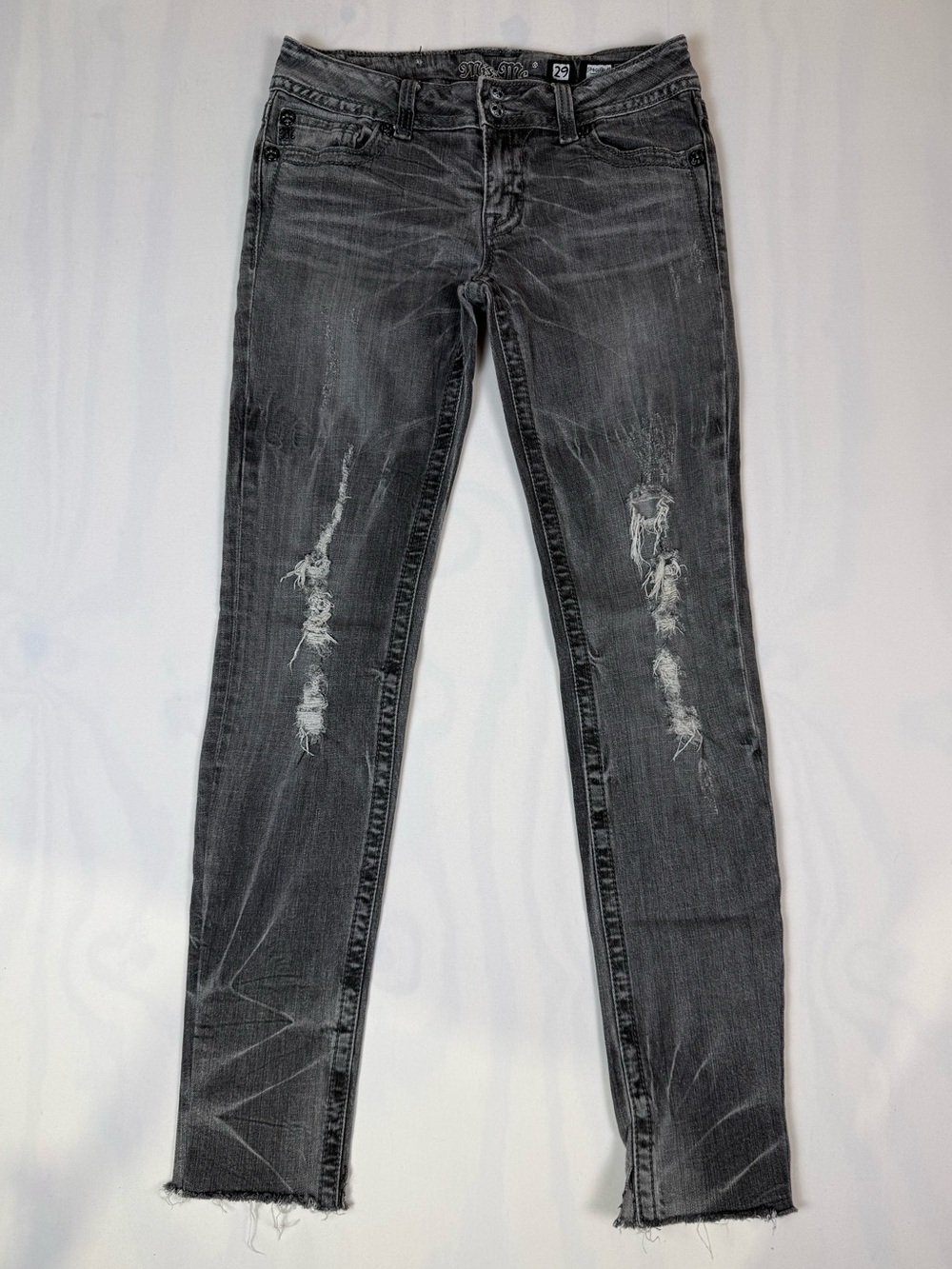 Miss Me Grey Distressed Skinny Jeans‎ Raw Hem Y2K Stretch Denim 29